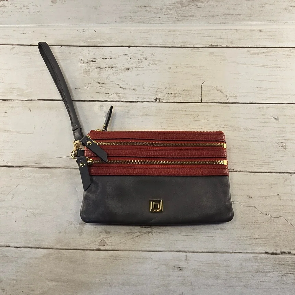 Lodis Leather Wristlet Clutch Bag Grey Red Triple Zip Wallet Gold Hardware